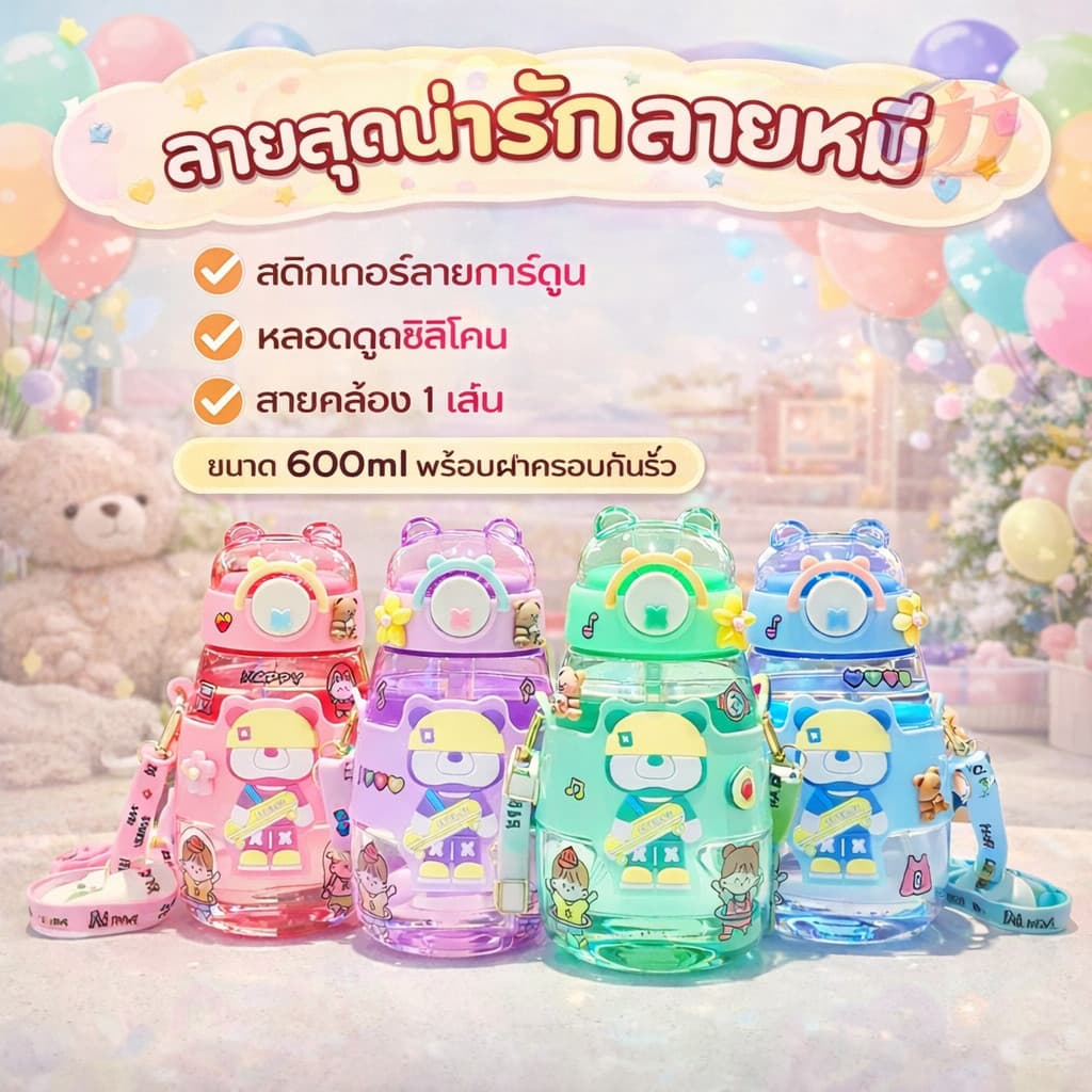 สะพายข้างได้ ขวดน้ำเด็ก600MLความจุสูง หลากหลายรูปแบบให้เลือก รูปแบบการ์ตูนน่ารัก การ์ตูนสุดฮิตปลอดภัย สดใสขวดน้ำคุณภาพดี รูปที่ 5