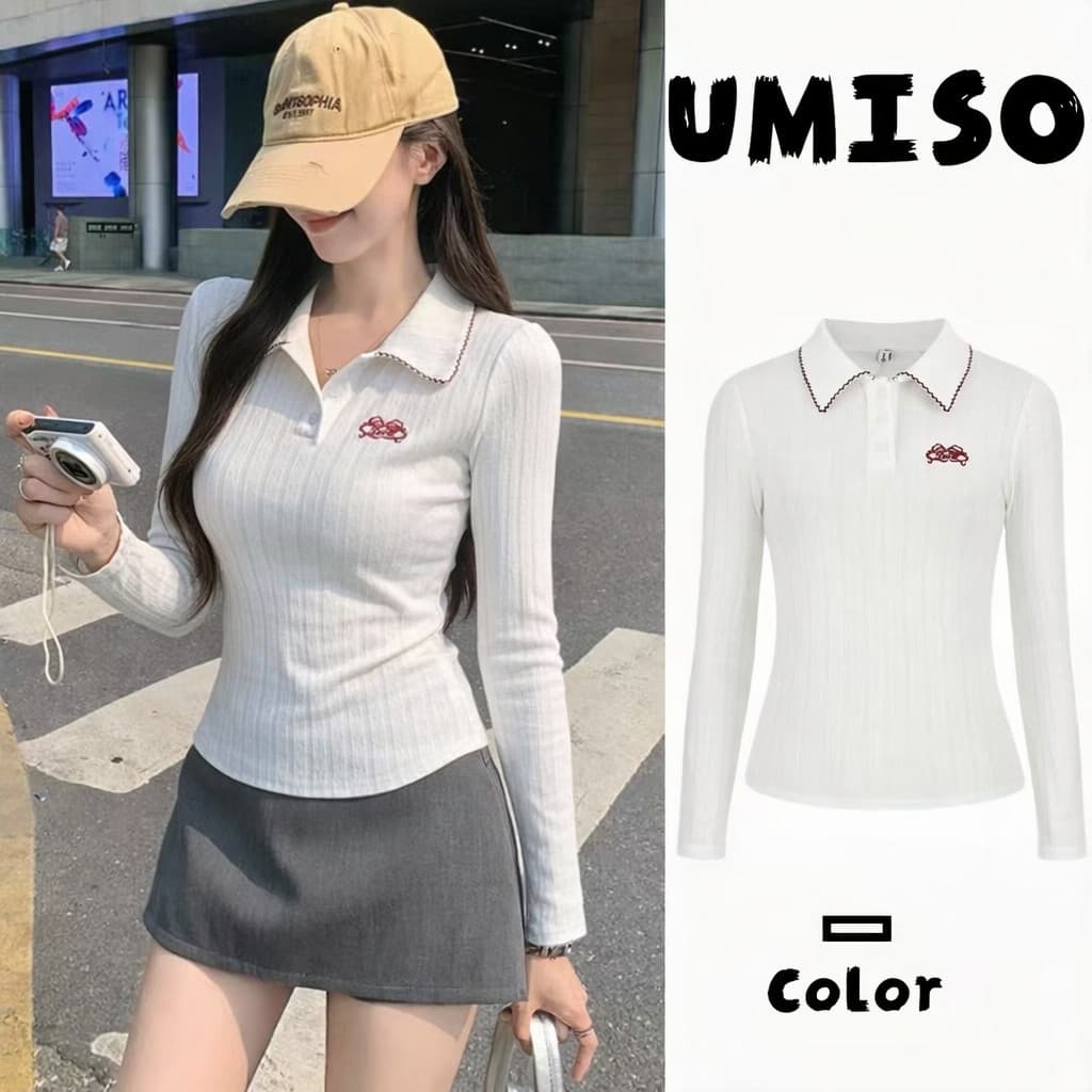 จากกทม เสื้อโปโลแขนยาวผู้หญิง ปักลายที่อก กระดุมหน้า ทรงเข้ารูป UMISO รูปที่ 1