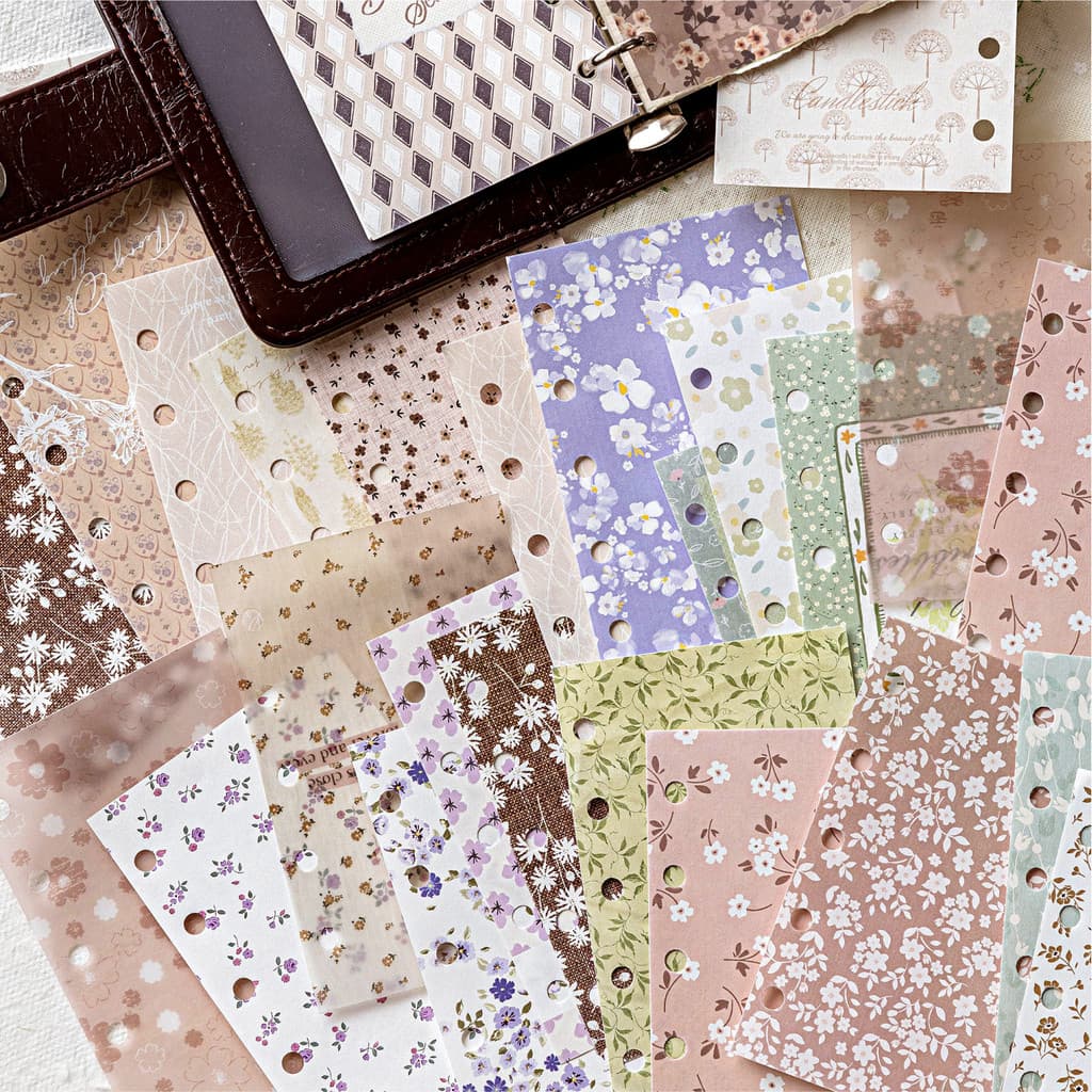 QOUZMO Mixed Paper Floral Material Pack | 6รูปแบบ52แผ่นวินเทจวารสารตกแต่ง รูปที่ 2