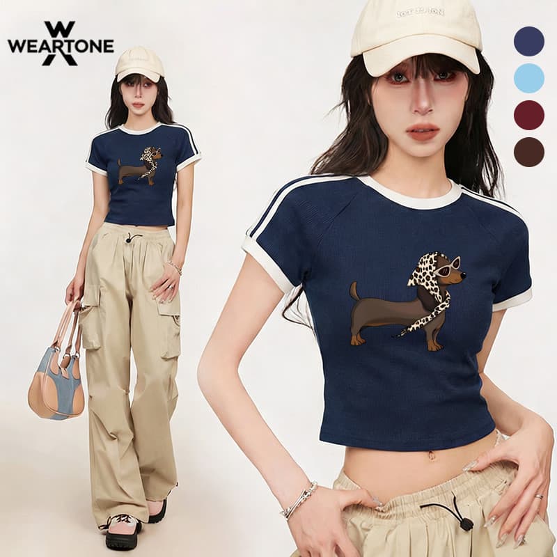 WEARTONE เสื้อยืดแขนสั้ ลาย“Sunglasses scarf dog” เสื้อสั้นเข้ารูปส ไตล์สปอร์ตสาวหวานสุดฮอต เสื้อแขนสั้นรัดรูปน่ารัก รูปที่ 4