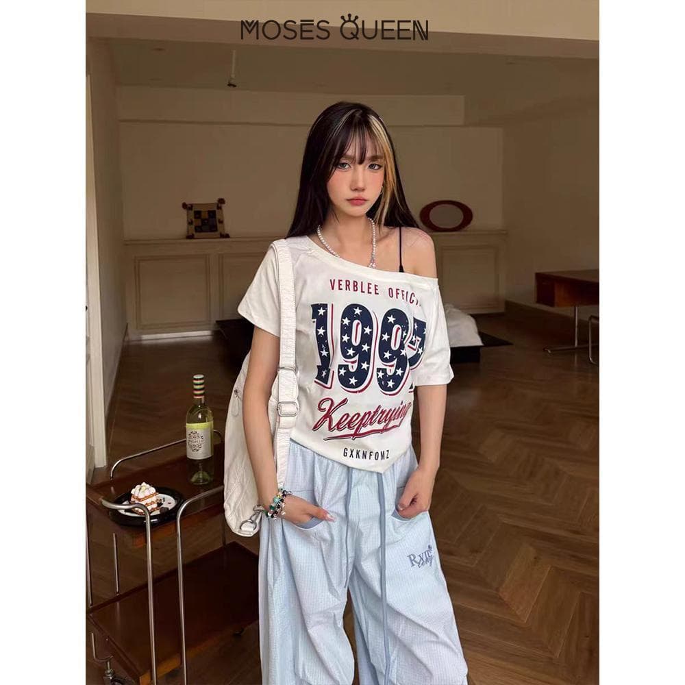 MOSESQUEEN ตัว.Top ปิดไหล่ Retro พิมพ์TEE สไตล์สปайซ์เกิร์ล ฟิตเรียบหรูสำหรับงานDansParty และสวมใส่อเนกประสงค์ #63497 รูปที่ 8