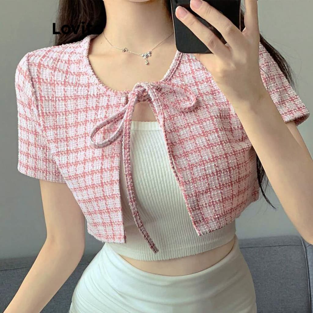 Lovito สง่างาม ฤดูใบไม้ผลิและฤดูร้อนเสื้อผูกด้านหน้าพื้นผิวผ้าลายสก๊อตลูกไม้ขึ้นเสื้อผู้หญิง L90AD001 รูปที่ 2