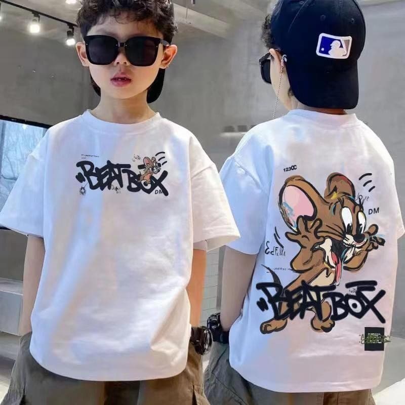 CODเสื้อยืดผู้ชาย เด็ก ลายการ์ตูน 100% ผ้าฝ้าย ทรงช่อขวาง ขนาดหลวม สีขาวดำ ใส่สบาย รุ่น 2025 kids cotton t shirt รูปที่ 2