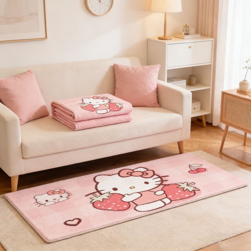 พรมข้างเตียง ลาย Hello Kitty + ขนแกะเทียนุ่มฟู หนาพิเศษ + ปูข้างเตียงนุ่มสบายเท้า กันลื่น ขนาด 80×180 ซม. ส่งจากกรุงเทพ รูปที่ 9