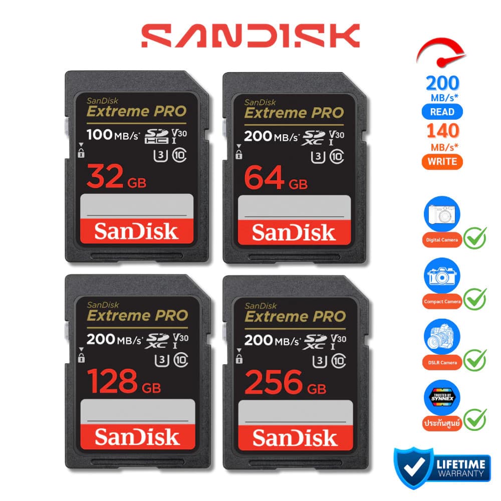 ของแท้ SanDisk SD Card Extreme Pro SDXC Speed R 200MBs 32GB 64GB 128GB เมมโมรี่การ์ด กล้อง DSLR รูปที่ 5