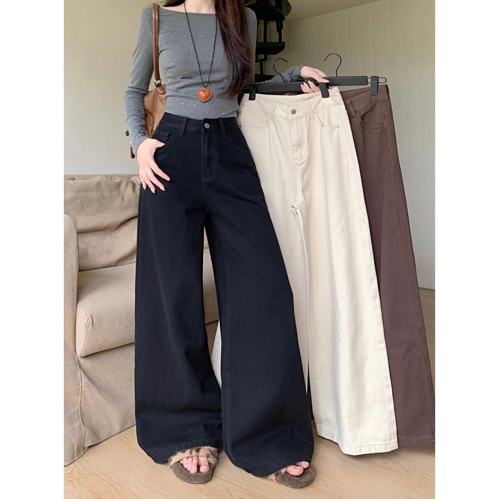 Bella Shop ยีนส์ขากระบอก S-XL กางเกงยีนส์ผู้หญิง เอวสูงสไตล์เรโทรทรงหลวม อินเทรนด์ สไตล์เกาหลีเรียบง่าย รูปที่ 3