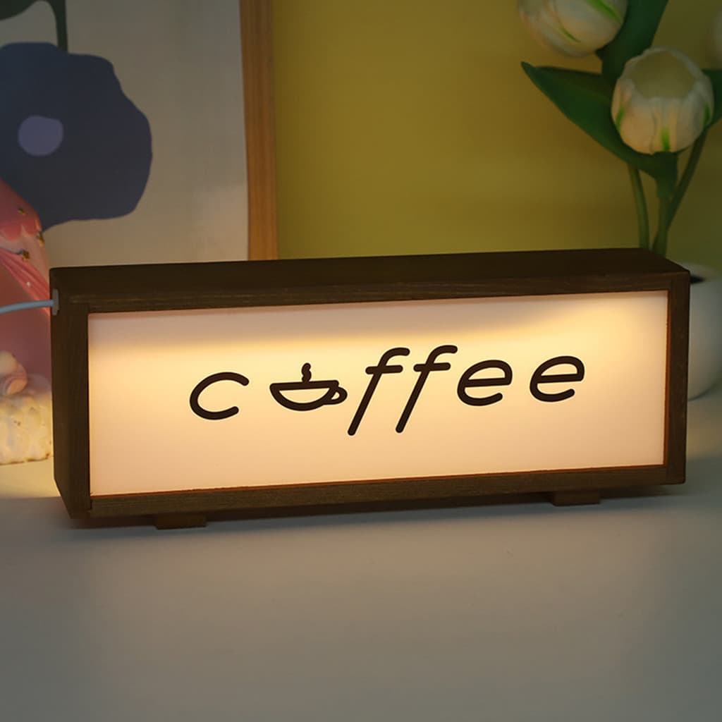 กาแฟป้ายกรอบแสงไม้ตารางโคมไฟสําหรับคาเฟ่ไนท์สแตนด์ห้องนอนแขวนผนังภาพกรอบรูปสีน้ําตาลตกแต่งบ้านแสงโดยรอบ รูปที่ 1