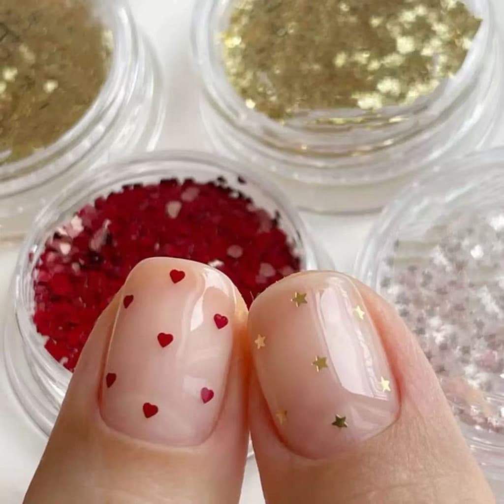 อุปกรณ์ทําเล็บ Peach Heart Polka Dot Sequins ins Influencer ขายร้อน Super Flash mini1mm Love Star Sequins สติ๊กเกอร์ติดเล็บ รูปที่ 1