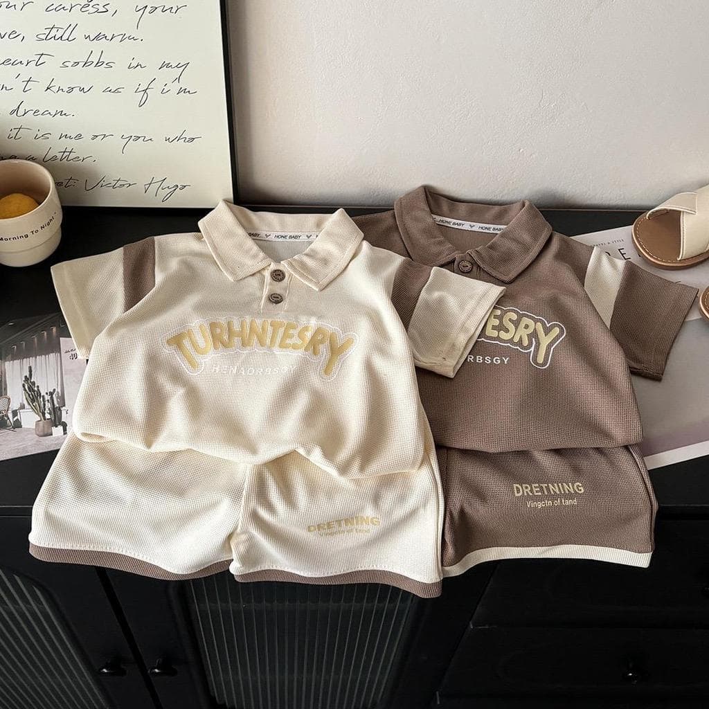 Dolemi Baby ชุดเซตเด็ก 2 ชิ้น เสื้อโปโล กางเกงขาสั้น สีครีม สีน้ำตาล แขนสั้น ผ้าวาฟเฟิล ผ้ารังผึ้ง รูปที่ 4