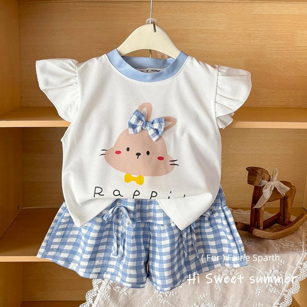 MooDeng Baby ชุดเซต เด็กหญิง แขนระบบาย ลายกระต่าย คอกลม กางเกงขาสั้น ลายสก๊อต รูปที่ 3