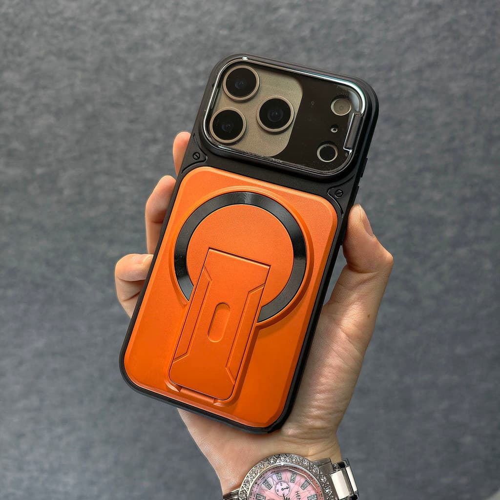 หรูหราขาตั้งพับในตัวสร้างสรรค์พลิกเลนส์ป้องกันป้องกันลายนิ้วมือเคสโทรศัพท์แม่เหล็กสําหรับiPhone 11 12 13 14 15 16 17 Pro Max Air Plusกันกระแทกกลับกรณี รูปที่ 3