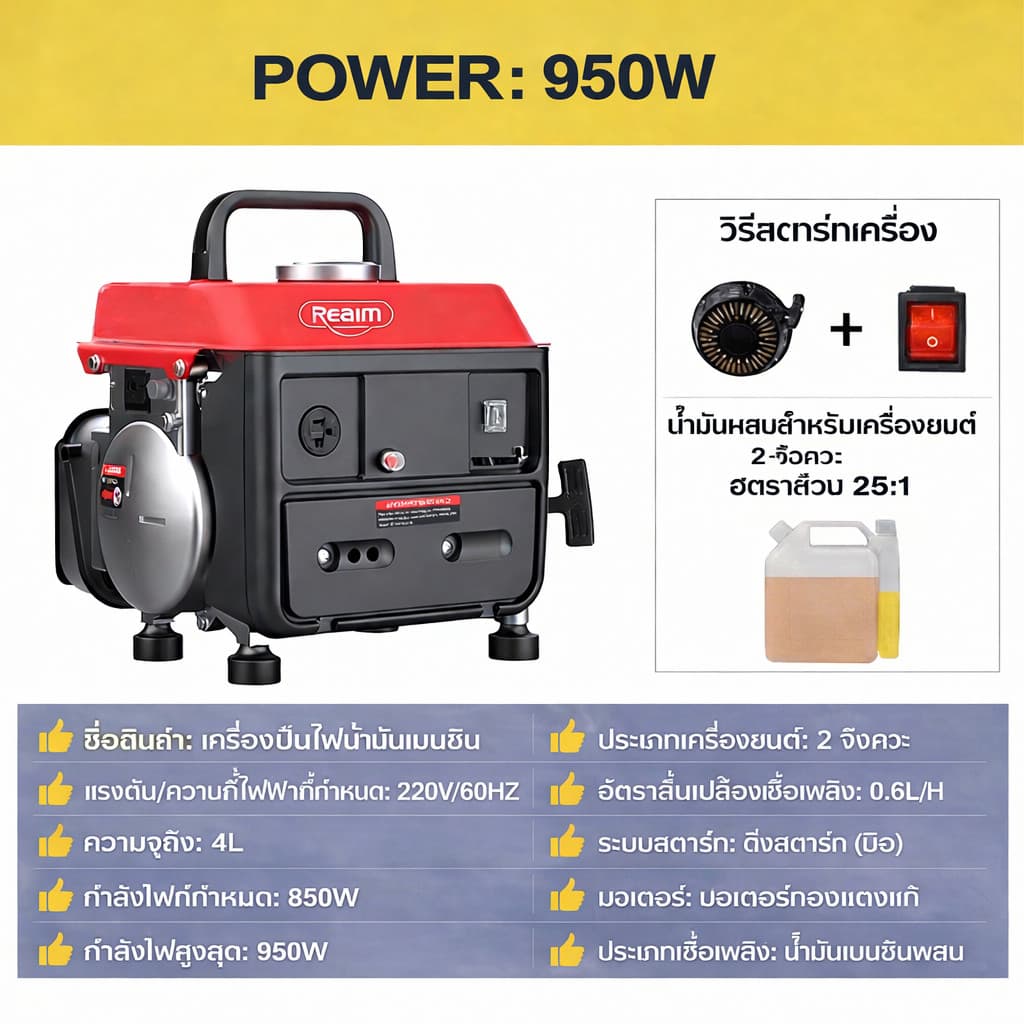 REAIM เครื่องปั่นไฟ Power Box เบนซิน 950W 4 จังหวะ ใช้งานหนักได้ สำรองไฟบ้าน ไฟฉุกเฉิน รูปที่ 9