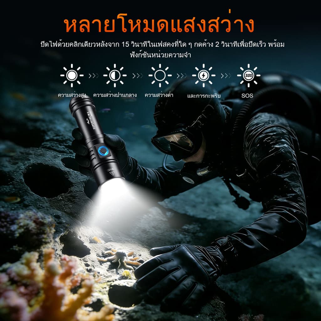 ไฟดำน้ำทรงพลัง SUPERFIRE DL02 20W LED สูงสุด 2000 ลูเมน ใต้น้ำ 100 เมตร สำหรับความปลอดภัยใต้น้ำ ดำน้ำลึก ถ้ำลึก สนอร์เกิล รูปที่ 3