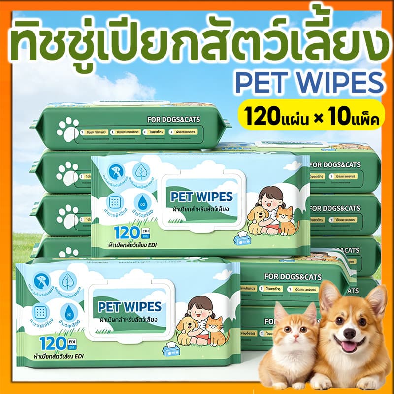 10 แพ็คทิชชู่เปียกสัตว์เลี้ยง 120แผ่น สูตรอ่อนโยน ไม่มีแอลกอฮอล์ เช็ดตา/หู/ตัว อ่อนโยน เส้นใยธรรมชาติ 100% รูปที่ 1