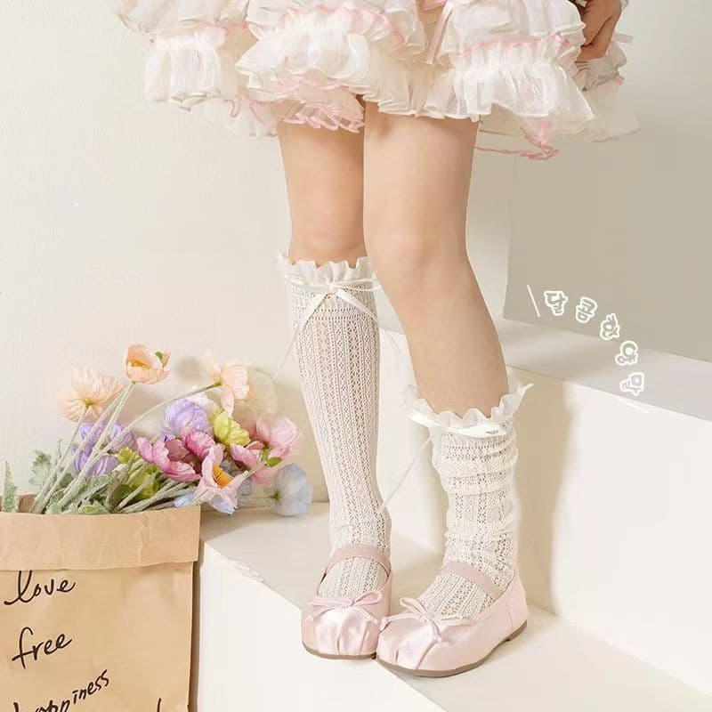 จัดส่งจากประเทศไทยถุงเท้าสูงถึงเข่าสำหรับเด็กผู้หญิง สีพื้น ทำจากวัสดุตาข่ายระบายอากาศ ตกแต่งด้วยโบว์น่ารัก สไตล์ JK รูปที่ 4
