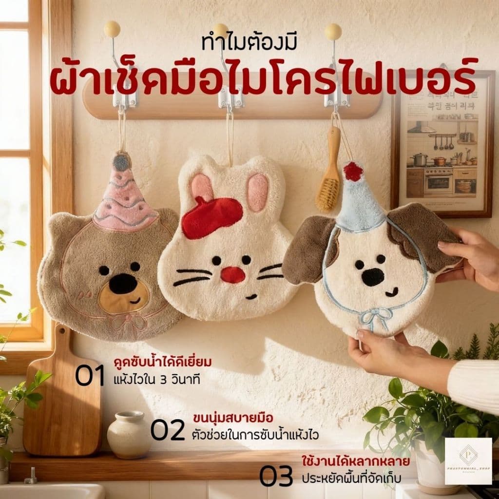 ผ้าไมโครไฟเบอร์ ผ้าเช็ดหน้า ผ้าขนหนู ซับน้ำดี แห้งไว ลดการสะสมแบคทีเรีย ผ้าเช็ดมือ ผ้าเช็ดโต๊ะ พร้อมที่แขวน รูปที่ 2