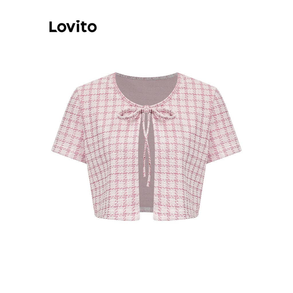 Lovito สง่างาม ฤดูใบไม้ผลิและฤดูร้อนเสื้อผูกด้านหน้าพื้นผิวผ้าลายสก๊อตลูกไม้ขึ้นเสื้อผู้หญิง L90AD001 รูปที่ 4