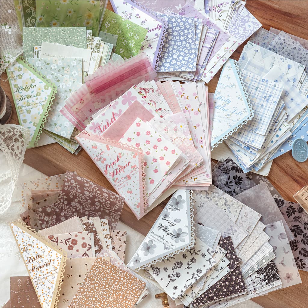 QOUZMO Mixed Paper Floral Material Pack | 6รูปแบบ52แผ่นวินเทจวารสารตกแต่ง รูปที่ 1
