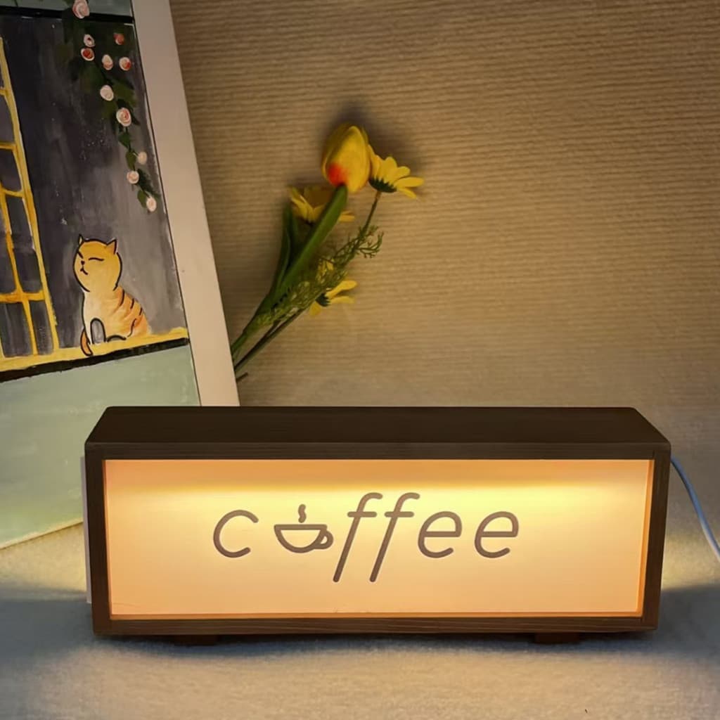 กาแฟป้ายกรอบแสงไม้ตารางโคมไฟสําหรับคาเฟ่ไนท์สแตนด์ห้องนอนแขวนผนังภาพกรอบรูปสีน้ําตาลตกแต่งบ้านแสงโดยรอบ รูปที่ 2
