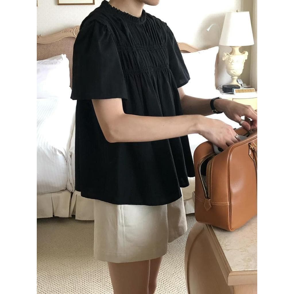 Baby Grape เสื้อเชิ้ตแขนพองผู้หญิง แขนสั้น เสื้อทรงหลวม ลำลอง ลูกไม้ ระบาย สไตล์เกาหลี#W628 รูปที่ 2
