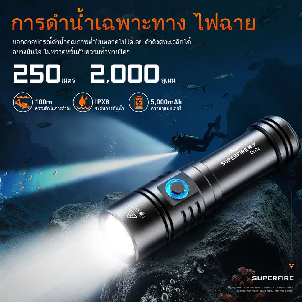 ไฟดำน้ำทรงพลัง SUPERFIRE DL02 20W LED สูงสุด 2000 ลูเมน ใต้น้ำ 100 เมตร สำหรับความปลอดภัยใต้น้ำ ดำน้ำลึก ถ้ำลึก สนอร์เกิล รูปที่ 2