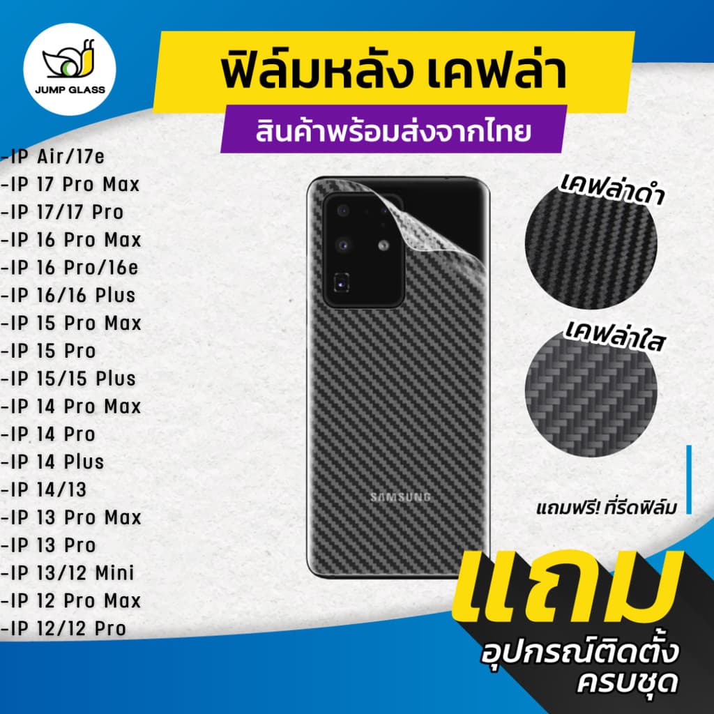 ฟิล์มหลังเคฟล่า สำหรับ iPhone Air,17 Pro Max,17e, 16e,16 Pro Max,15 Pro Max,14 Plus,13 Pro Max,13 Mini,12 Pro Max,14 Pro รูปที่ 1