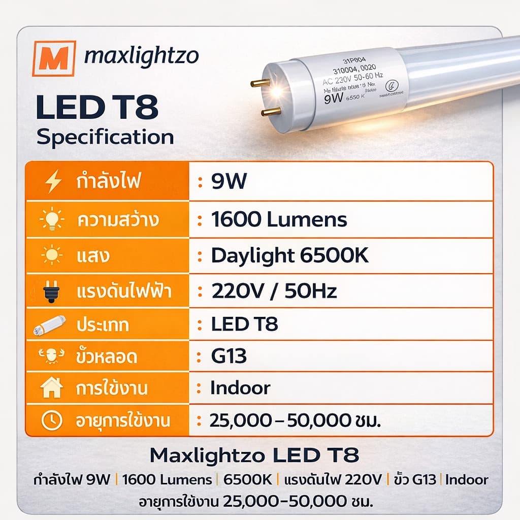 สว่างจัดเต็ม รางไฟพร้อมหลอด LED T8 9W 60ซม. 1600lm แสงขาว 6500K ต่อไฟตรง 220V หลอดนีออน LED พร้อมติดตั้ง รับประกัน 1 ปี รูปที่ 3