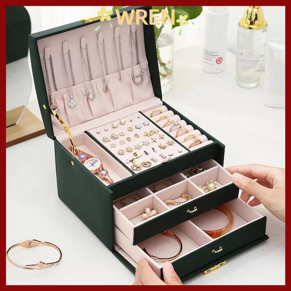 WREN Jewelry Organizer ที่เก็บต่างหูและสร้อยคอสามชั้น​ กล่องเก็บเครื่องประดับความจุขนาดใหญ่พร้อมกุญแจ​ กล่องใส่เครื่องประดับสําหรับเดินทางแบบถือหนัง ปู่​ ตารางโต๊ะเครื่องแป้งองค์กร​ รูปที่ 1
