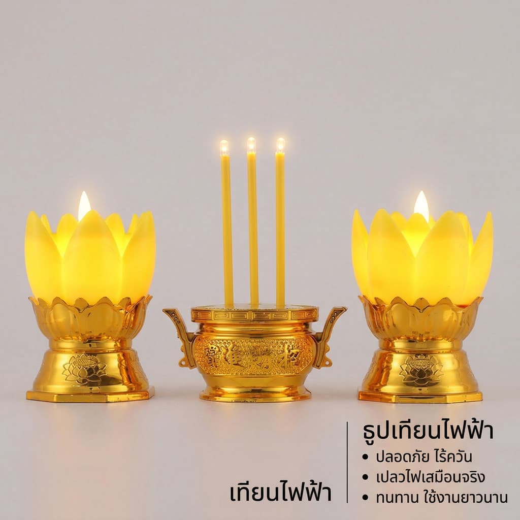 ชุดเชิงเทียนไฟฟ้า ชุดกระถางรูป ชุดธูป เชิงเทียนดอกบัวไฟฟ้า กระถางธูปไฟฟ้า LED เชิงเทียนปลอม เทียนปลอมใส่ถ่าน รูปที่ 9