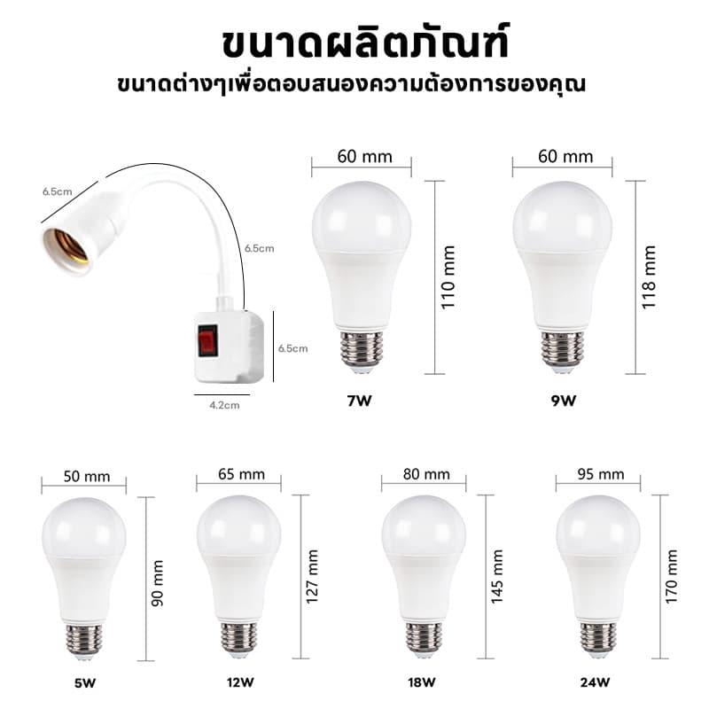 หลอดไฟ LED + ขั้วหลอดไฟ โคมไฟกลางคืน LED ขั้วE27 หมุนได้ 360° พร้อมสวิตซ์เปิด-ปิด ไฟแสงขาว แสงวอร์ม รูปที่ 8