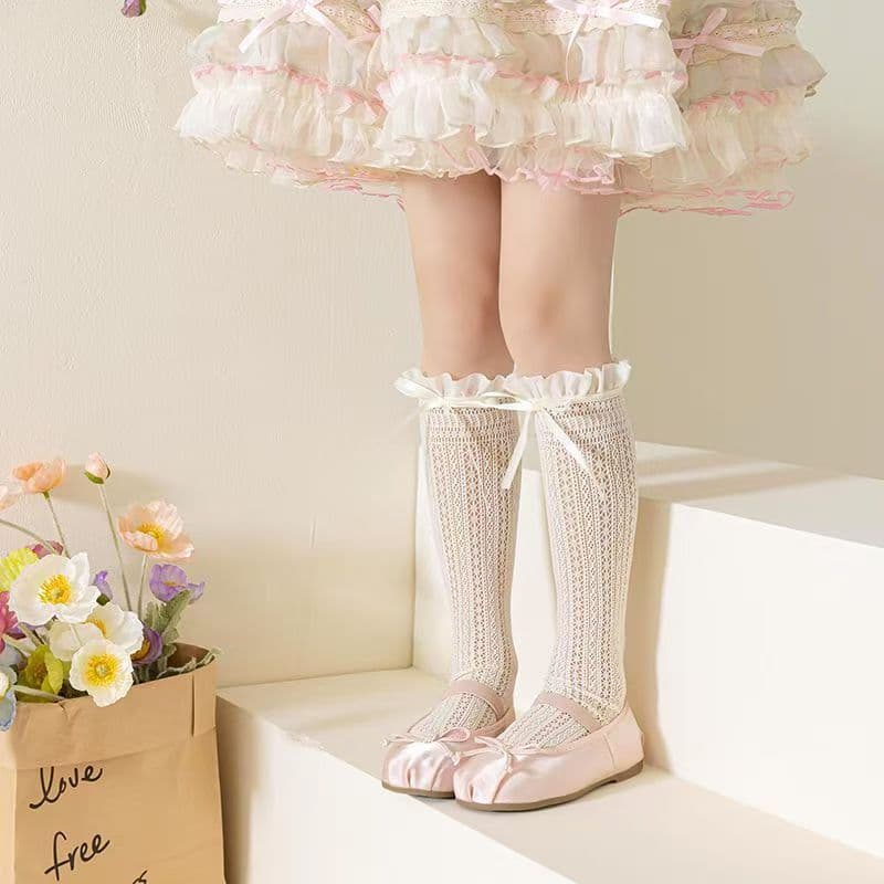 จัดส่งจากประเทศไทยถุงเท้าสูงถึงเข่าสำหรับเด็กผู้หญิง สีพื้น ทำจากวัสดุตาข่ายระบายอากาศ ตกแต่งด้วยโบว์น่ารัก สไตล์ JK รูปที่ 3