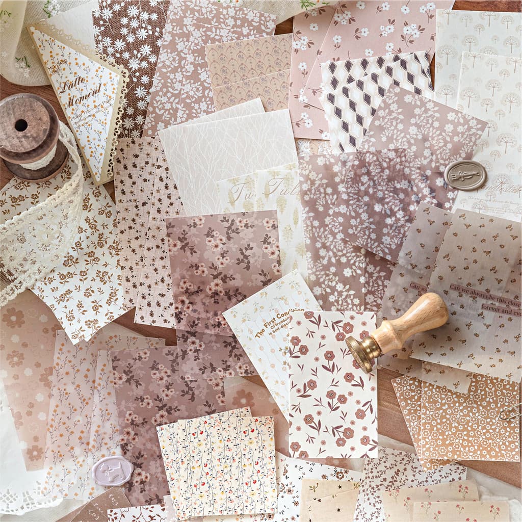 QOUZMO Mixed Paper Floral Material Pack | 6รูปแบบ52แผ่นวินเทจวารสารตกแต่ง รูปที่ 6