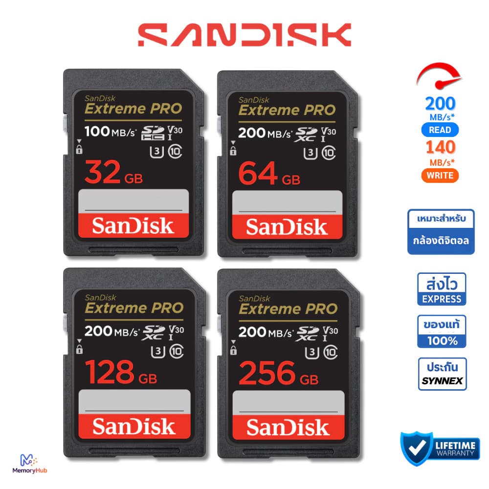 ของแท้ SanDisk SD Card Extreme Pro SDXC Speed R 200MBs 32GB 64GB 128GB เมมโมรี่การ์ด กล้อง DSLR รูปที่ 3