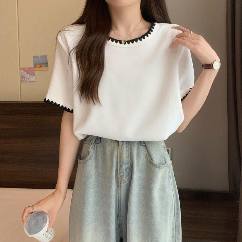 เสื้อสตรีแขนสั้นทรงหลวมขนาดใหญ่ เสื้อยืดฤดูร้อน เสื้อท่อนบนซ่อนหน้าท้อง รูปที่ 4