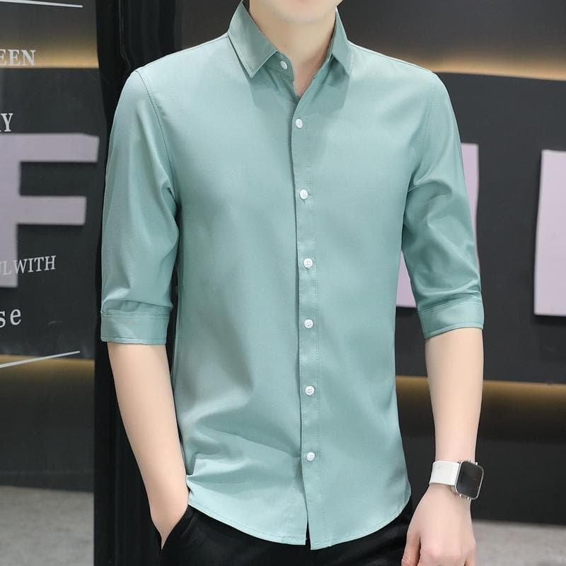 เสื้อแขน3/4ผู้ชาย ลายสไตล์เกาหลี สลิมฟิต ผ้าไหมน้ำแข็ง เหมาะสำหรับใส่ทำงานหรือลำลอง รูปที่ 4
