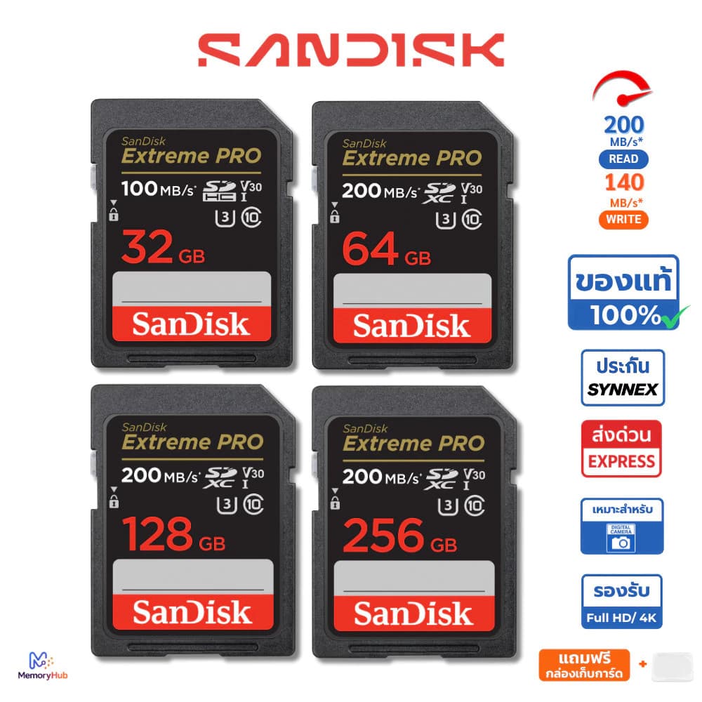 ของแท้ SanDisk SD Card Extreme Pro SDXC Speed R 200MBs 32GB 64GB 128GB เมมโมรี่การ์ด กล้อง DSLR รูปที่ 1
