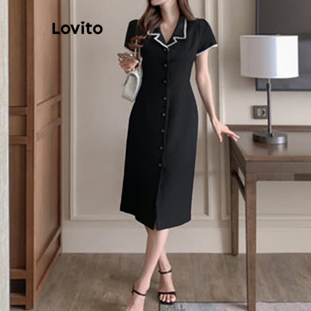 Lovito ชุดเดรสผู้หญิง มีกระดุม สีพื้น แต่งขอบสี สไตล์หรูหรา L104ED692 รูปที่ 2