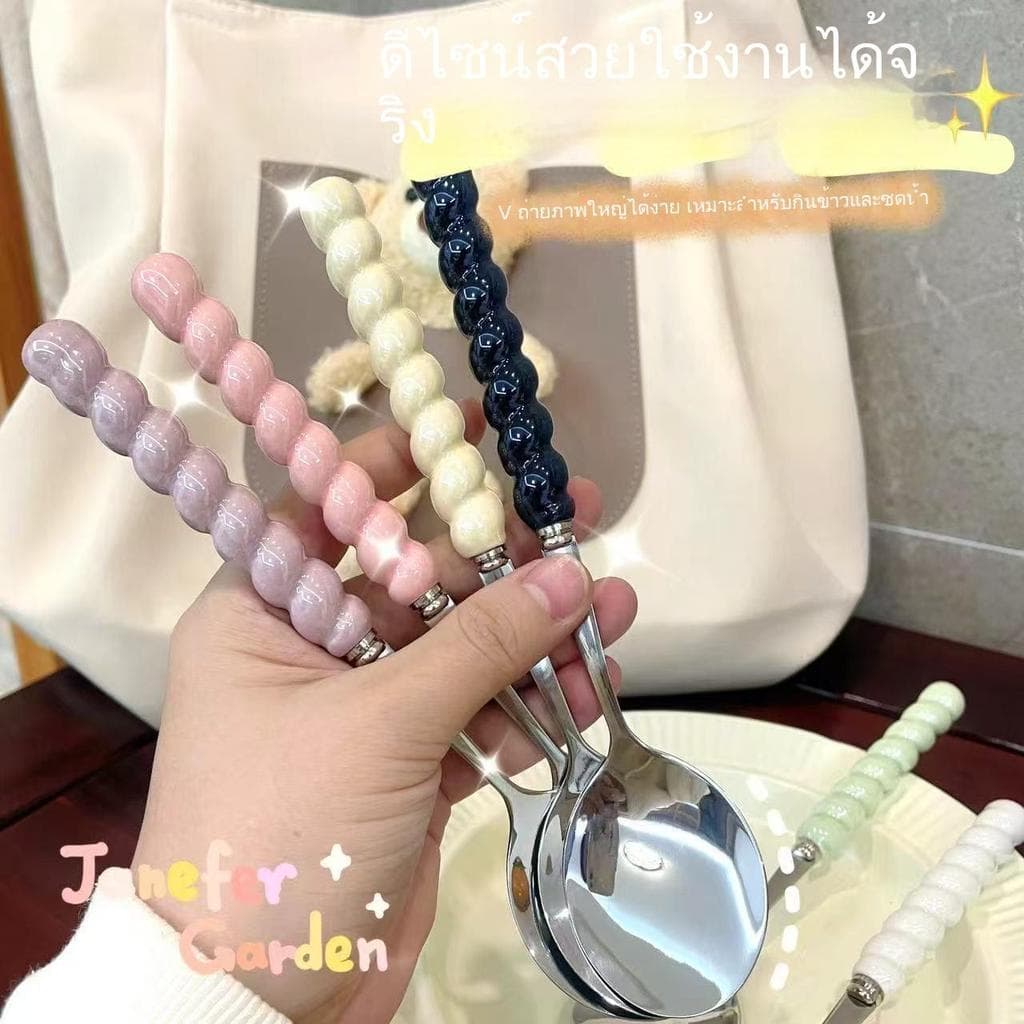 ช้อนส้อมสแตนเลสสีมุก ด้ามเซรามิก กันลื่น รูปที่ 5