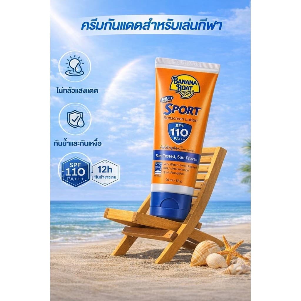 Banana Sport SPF110 PA+++ ครีมกันแดดกีฬา ใช้บนชายหาด กันน้ำกันเหงื่อ ติดทนนาน UVA UVB รูปที่ 6
