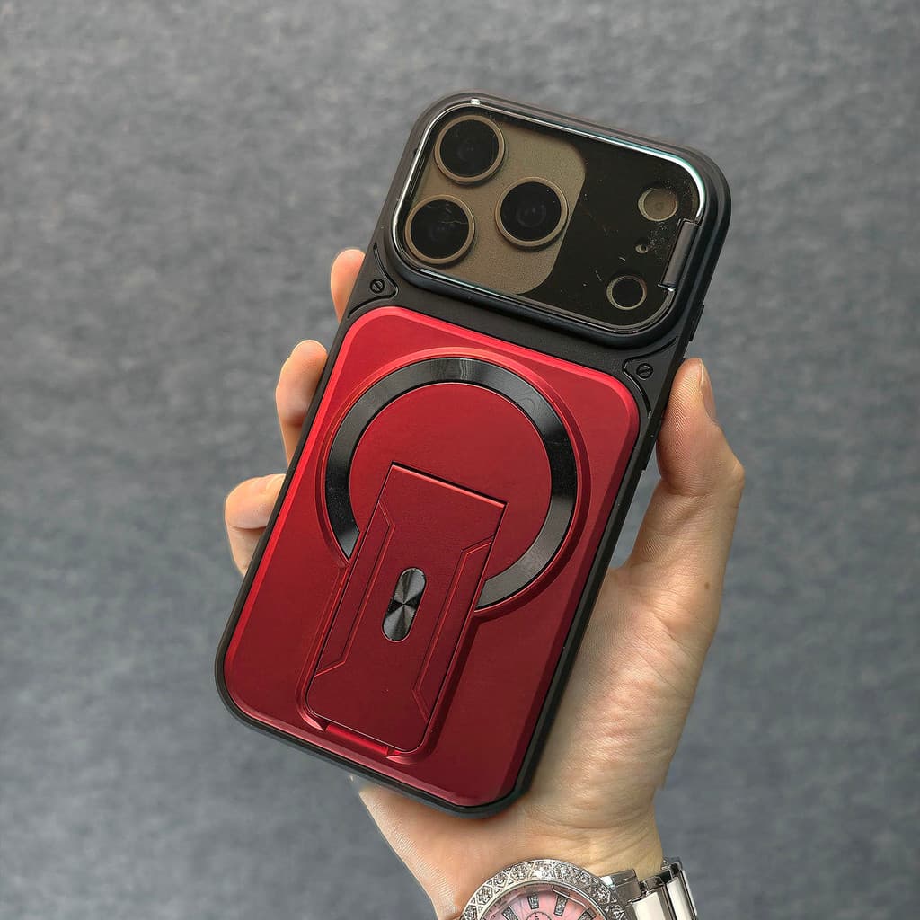 หรูหราขาตั้งพับในตัวสร้างสรรค์พลิกเลนส์ป้องกันป้องกันลายนิ้วมือเคสโทรศัพท์แม่เหล็กสําหรับiPhone 11 12 13 14 15 16 17 Pro Max Air Plusกันกระแทกกลับกรณี รูปที่ 1