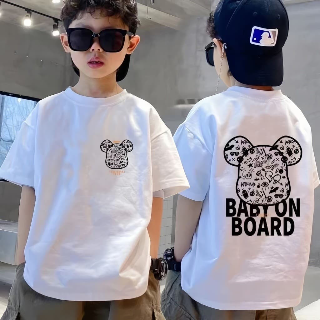 CODเสื้อยืดผู้ชาย เด็ก ลายการ์ตูน 100% ผ้าฝ้าย ทรงช่อขวาง ขนาดหลวม สีขาวดำ ใส่สบาย รุ่น 2025 kids cotton t shirt รูปที่ 3