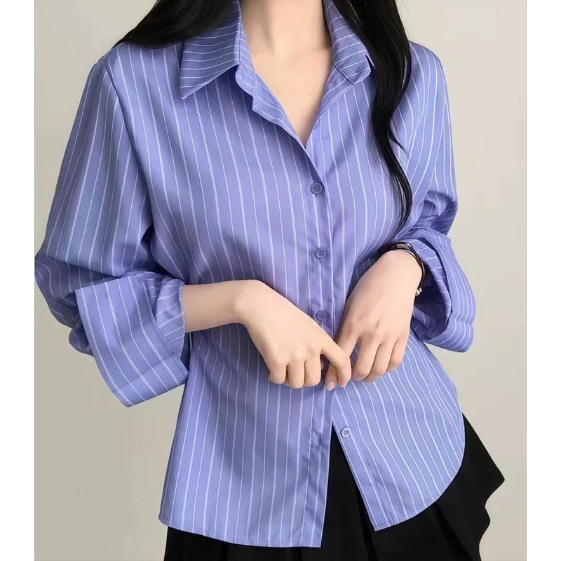 Chili#เสื้อเชิ้ตผู้หญิงลายทาง ทรงเข้ารูป กระดุมแถวเดียว แขนยาว คอวี ดีไซน์ทันสมัยและใช้งานได้หลากหลาย#99301 รูปที่ 9