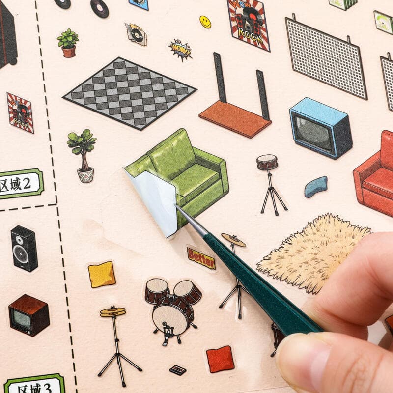 เอ่อ 4 ชิ้น 3ง ขนาดใหญ่กันน้ําสติกเกอร์ภูมิทัศน์สําหรับหน่วยความจําร้านเสียงและฝันร้านทํามือการ์ตูนสไตล์สมุดวารสาร ทําเอง เครื่อ รูปที่ 7