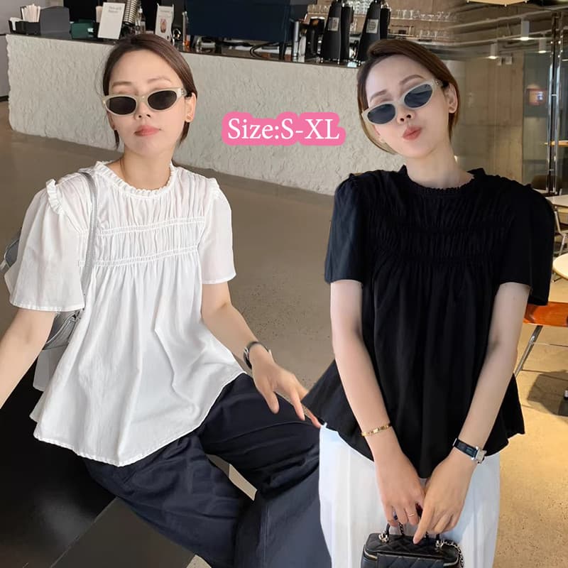 Baby Grape เสื้อเชิ้ตแขนพองผู้หญิง แขนสั้น เสื้อทรงหลวม ลำลอง ลูกไม้ ระบาย สไตล์เกาหลี#W628 รูปที่ 1