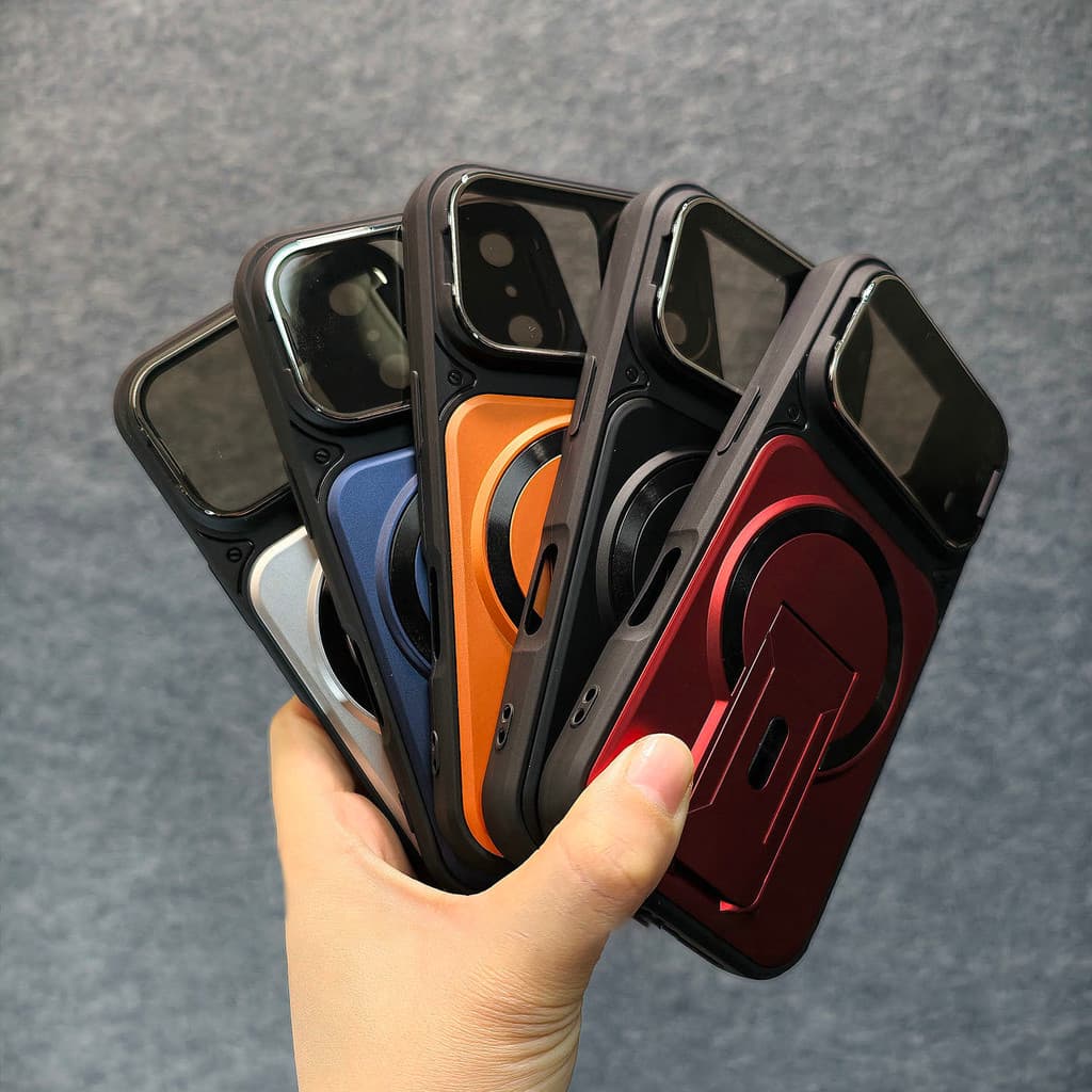 หรูหราขาตั้งพับในตัวสร้างสรรค์พลิกเลนส์ป้องกันป้องกันลายนิ้วมือเคสโทรศัพท์แม่เหล็กสําหรับiPhone 11 12 13 14 15 16 17 Pro Max Air Plusกันกระแทกกลับกรณี รูปที่ 6