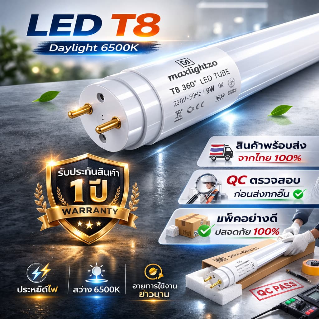 สว่างจัดเต็ม รางไฟพร้อมหลอด LED T8 9W 60ซม. 1600lm แสงขาว 6500K ต่อไฟตรง 220V หลอดนีออน LED พร้อมติดตั้ง รับประกัน 1 ปี รูปที่ 7