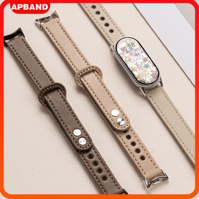 สายหนังแท้แบบเรียบหรู แบนด์และสายข้อมือสำหรับเปลี่ยนละเอียด for Xiaomi Mi Band 10 9 8 NFC for Mi Band 10 9 8 รูปที่ 1