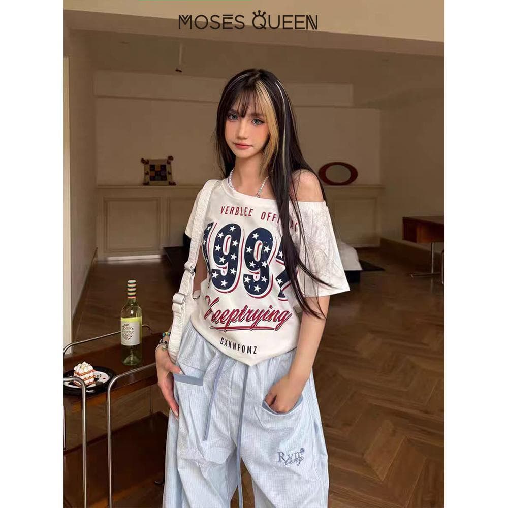 MOSESQUEEN ตัว.Top ปิดไหล่ Retro พิมพ์TEE สไตล์สปайซ์เกิร์ล ฟิตเรียบหรูสำหรับงานDansParty และสวมใส่อเนกประสงค์ #63497 รูปที่ 6