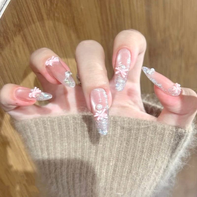 เล็บปลอม โบว์สีชมพู เล็บปลอมติด เล็บปลอมเจล งานแฮนด์เมด Nail ใช้ซ้ําได้ เล็บปลอมกดติดถอดได้ รูปที่ 5