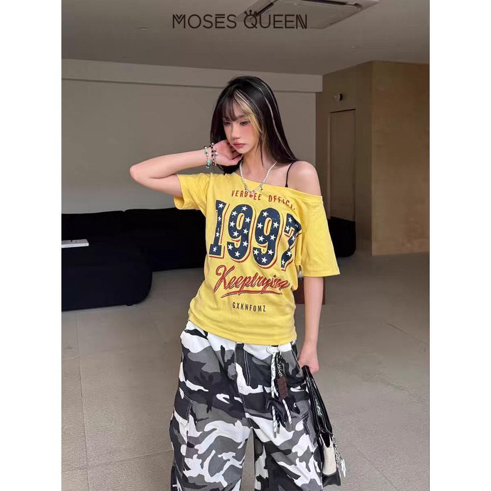 MOSESQUEEN ตัว.Top ปิดไหล่ Retro พิมพ์TEE สไตล์สปайซ์เกิร์ล ฟิตเรียบหรูสำหรับงานDansParty และสวมใส่อเนกประสงค์ #63497 รูปที่ 9